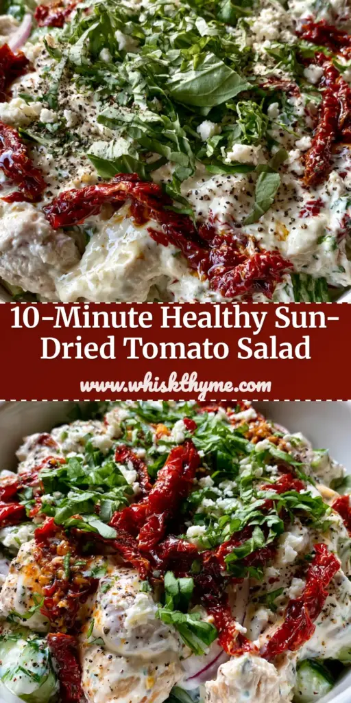 A top-down smartphone photo of a wide ceramic bowl filled with creamy Sun-Dried Tomato Chicken Salad, garnished with fresh basil and feta.