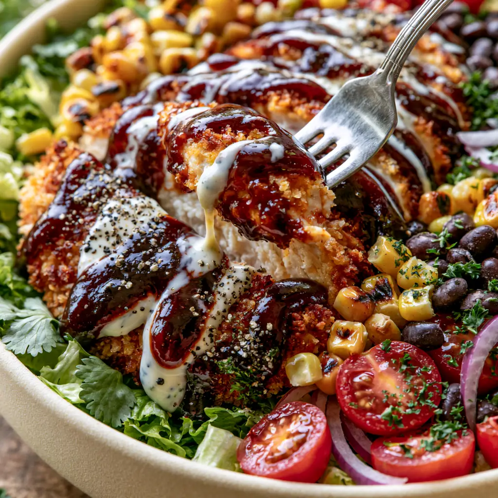 A silver fork lifting a piece of crispy chicken from a BBQ ranch chicken salad with visible dressing strings.