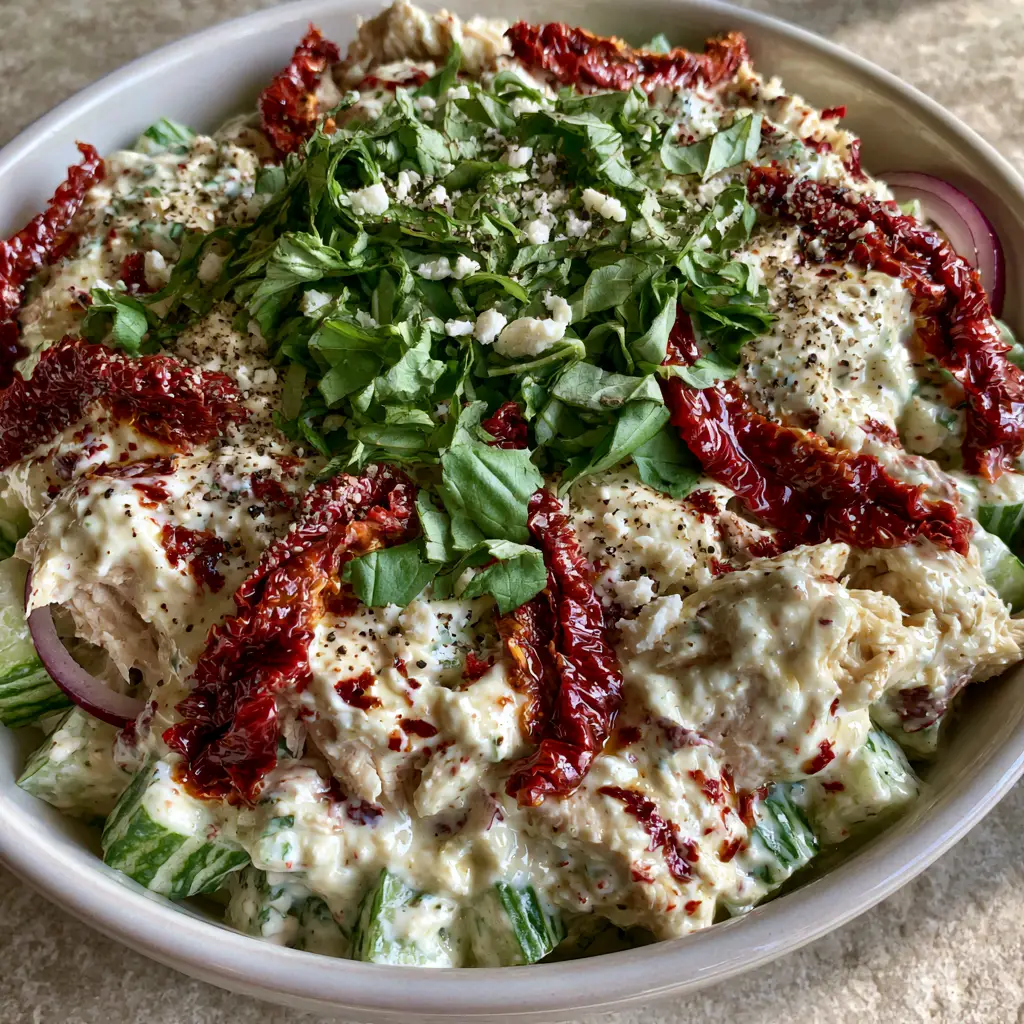 A wide ceramic bowl on a stone countertop featuring Mediterranean chicken salad with skin-on cucumbers and red onion half-moons.
