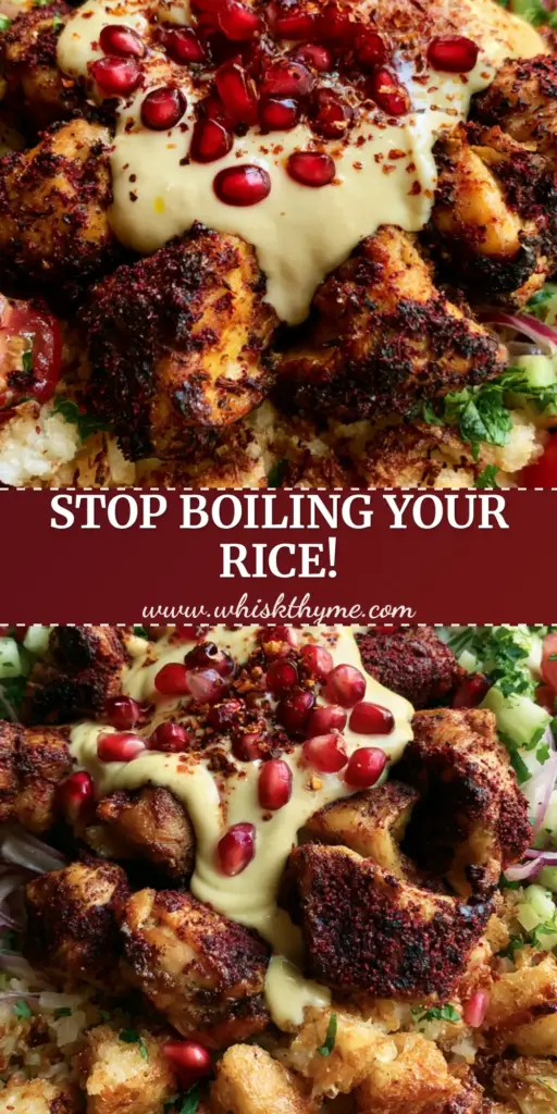 A close-up vertical shot of a Chicken Shawarma Crispy Rice Salad featuring golden air-fried rice cubes and spiced chicken chunks garnished with pomegranate seeds.