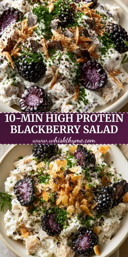 A high-angle shot of Blackberry Cottage Cheese Chicken Salad in a matte-cream bowl garnished with obsidian blackberries and toasted almonds.