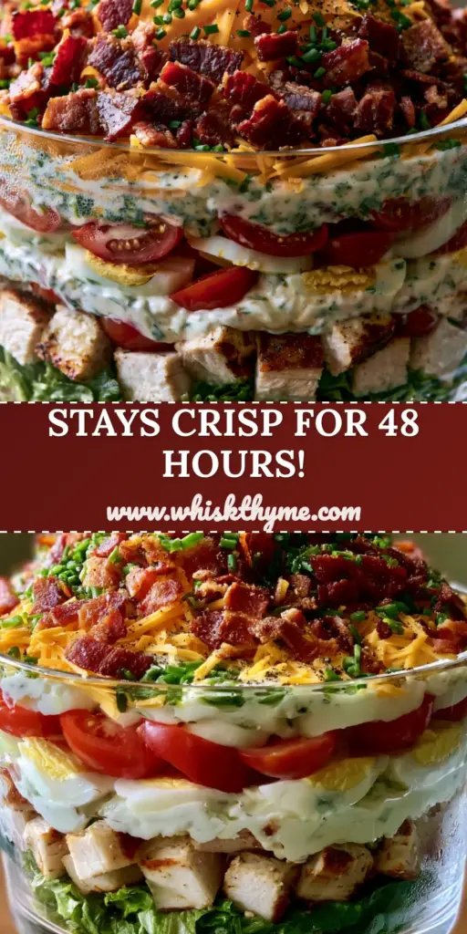 A side-profile shot of a Chicken Bacon Ranch Layer Salad in a glass trifle bowl with distinct layers of lettuce, chicken, tomatoes, and eggs, topped with a mountain of cheese and mahogany bacon.