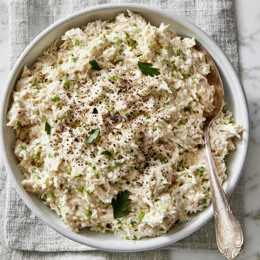 A vintage spoon scooping creamy Chicken Salad Chick Classic Carol from a white bowl.