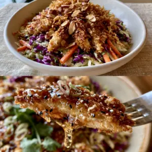 Two-panel split shot: overhead view of a full Applebee's Oriental Chicken Salad bowl and a macro shot of a fork lifting crispy chicken dripping with dressing.