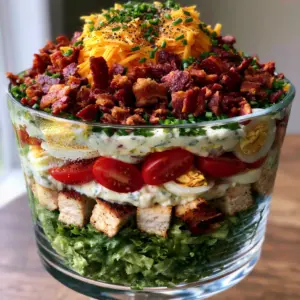 A close-up of the vibrant layers in a Chicken Bacon Ranch Layer Salad, showcasing the seared chicken and bright red tomatoes.