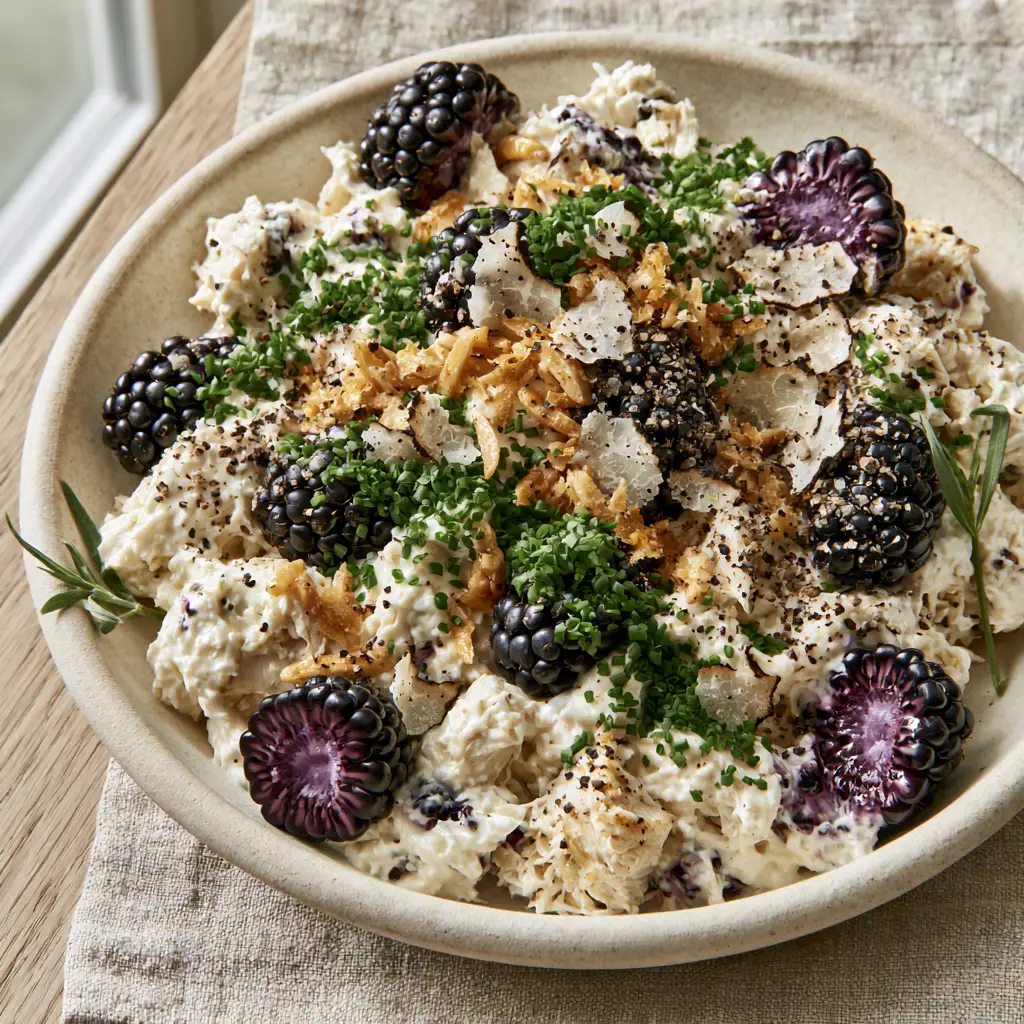 A lifestyle photo of Blackberry Cottage Cheese Chicken Salad on a wooden surface with a linen napkin and natural side lighting.