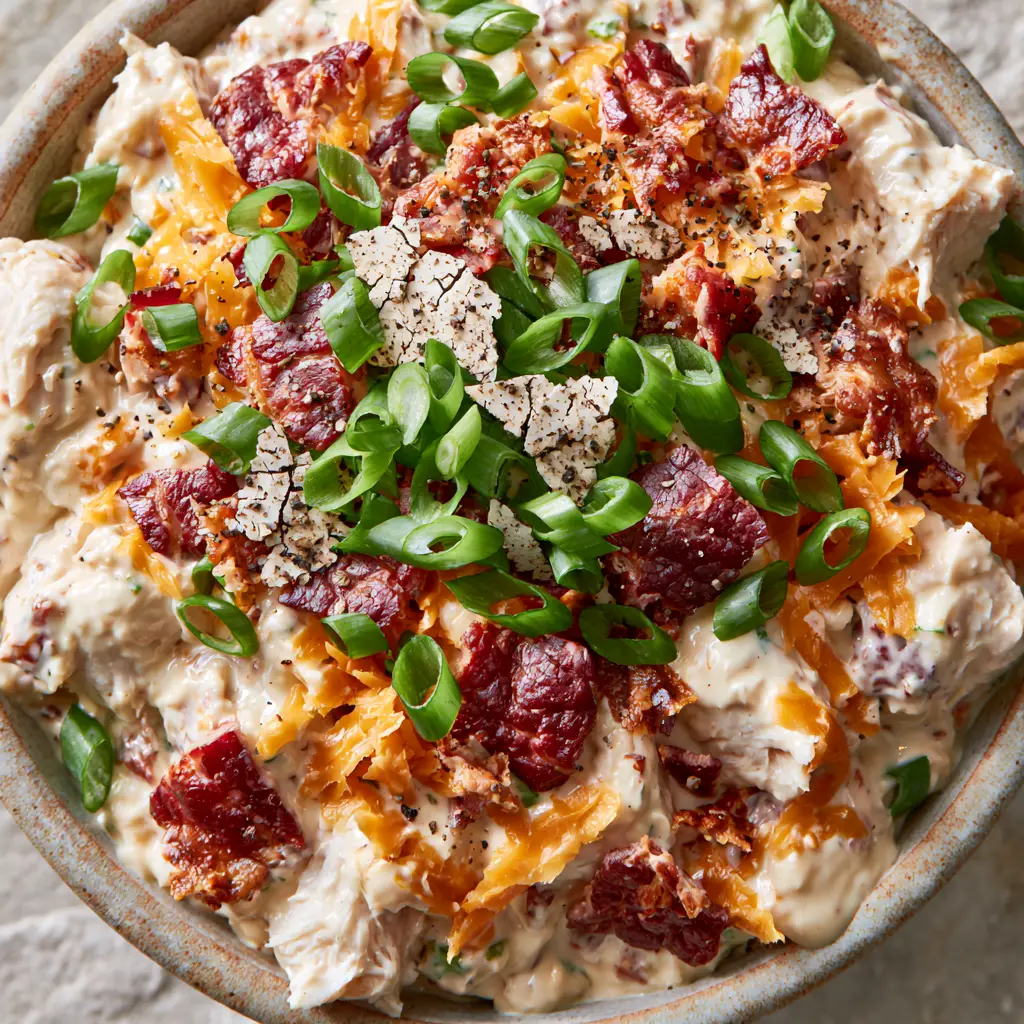 Detailed view of Chicken Salad with Bacon & Cheddar featuring glossy ivory dressing and vibrant scallion garnish.