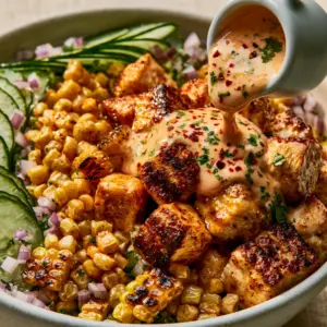 Extreme close-up of street corn cucumber chicken salad showing the golden-brown seared chicken texture and the glossy drip of creamy pale orange dressing with red Tajin flakes. (street corn cucumber chicken salad)