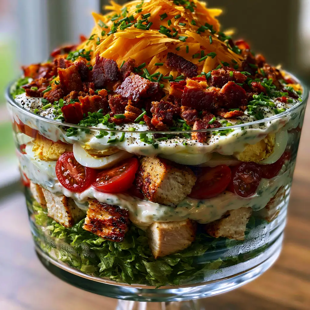 A top-down view of the high-texture toppings of the Chicken Bacon Ranch Layer Salad, including cheddar, chives, and mahogany bacon.