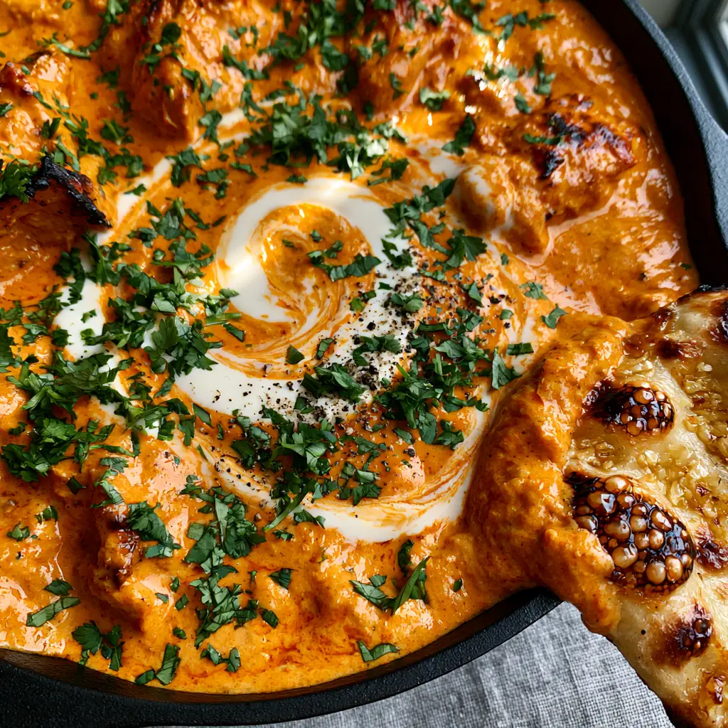 Butter Chicken Recipe: The Best Creamy Restaurant-Style Curry 1 Close-up of charred garlic naan bread dipping into a vibrant orange Butter Chicken recipe sauce.