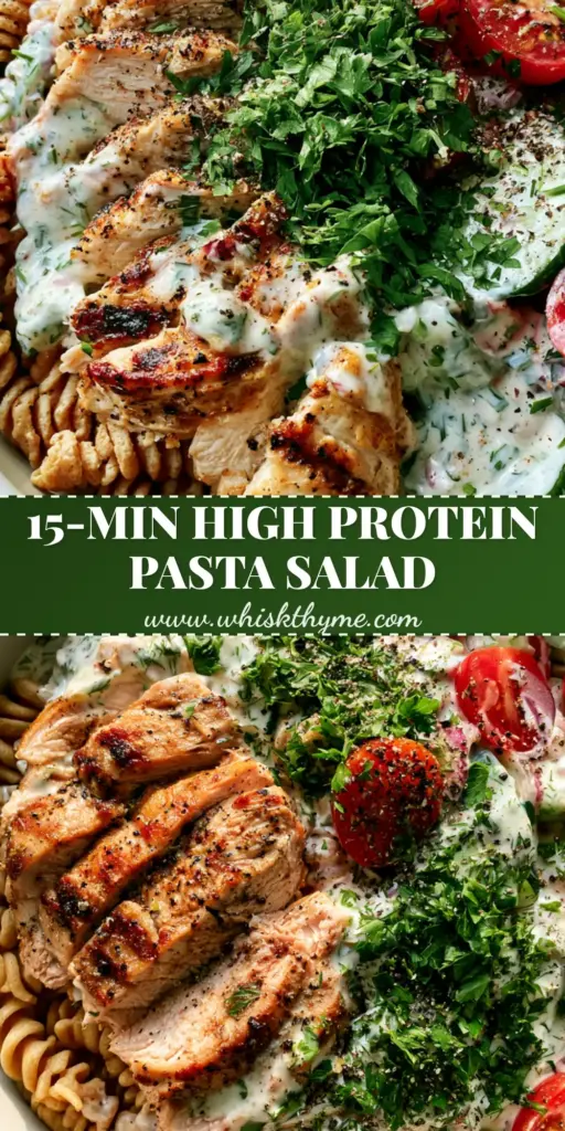 High Protein Pasta Salad with Chicken (Creamy & Herb-Loaded) 4 Vertical pin image showing a high protein pasta salad with chicken in a white bowl with visible grill marks on the chicken and creamy herb dressing.