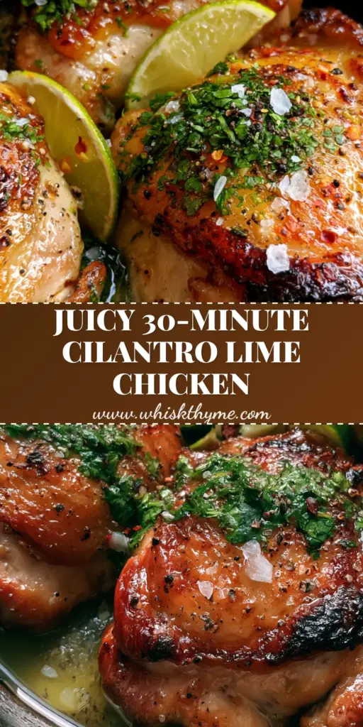 Cilantro Lime Chicken Thighs with Crispy Skin and Garlic Butter Glaze 3 Close-up of three crispy Cilantro Lime Chicken Thighs in a cast iron skillet with lime wedges and fresh cilantro.