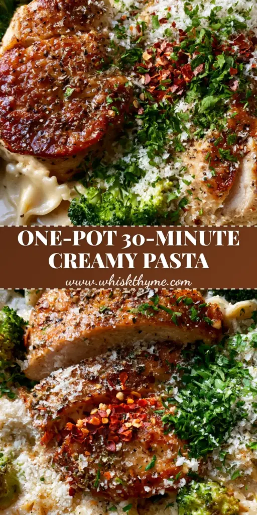Creamy Chicken and Broccoli Bowties with Garlic Parmesan Sauce 4 A top-down view of creamy chicken and broccoli bowties in a rustic skillet, featuring golden-seared chicken and vibrant green broccoli. (creamy chicken and broccoli bowties)
