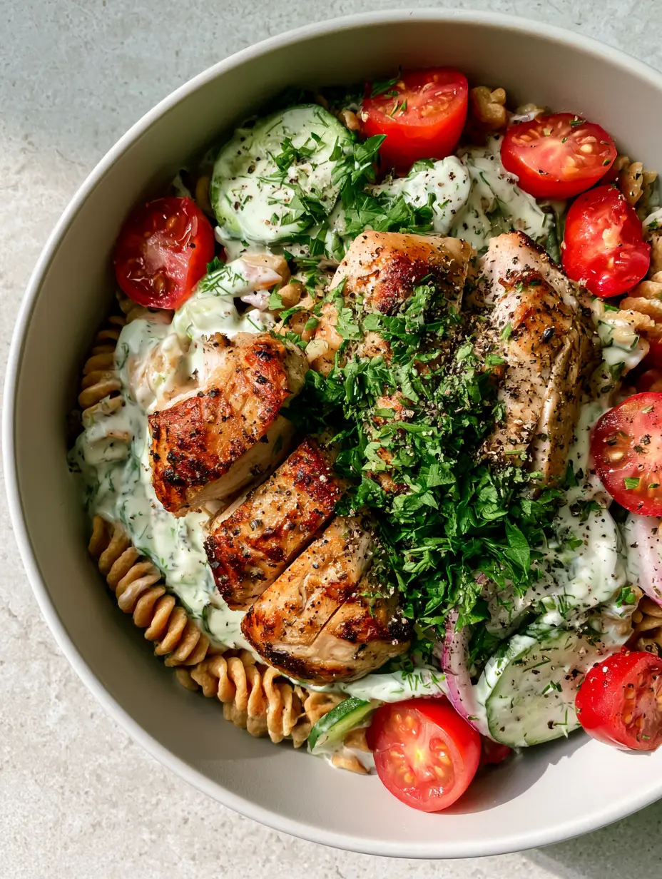 High Protein Pasta Salad with Chicken (Creamy & Herb-Loaded) 3 High-angle smartphone photo of a vibrant High Protein Pasta Salad with Chicken, featuring seared chicken breast slices and thick creamy herb dressing.