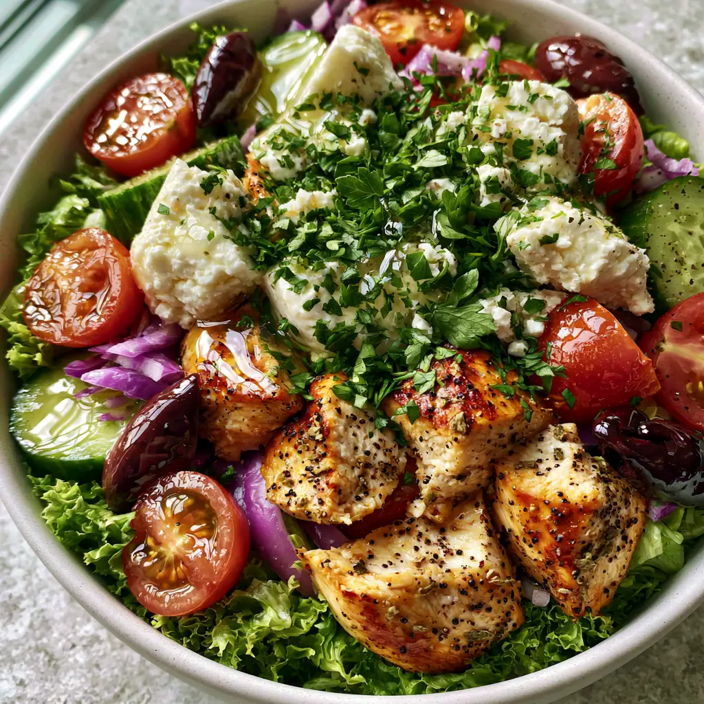 Greek chicken salad with Lemon Oregano Vinaigrette 1 Close-up of creamy feta cheese and Kalamata olives on a Greek chicken salad.