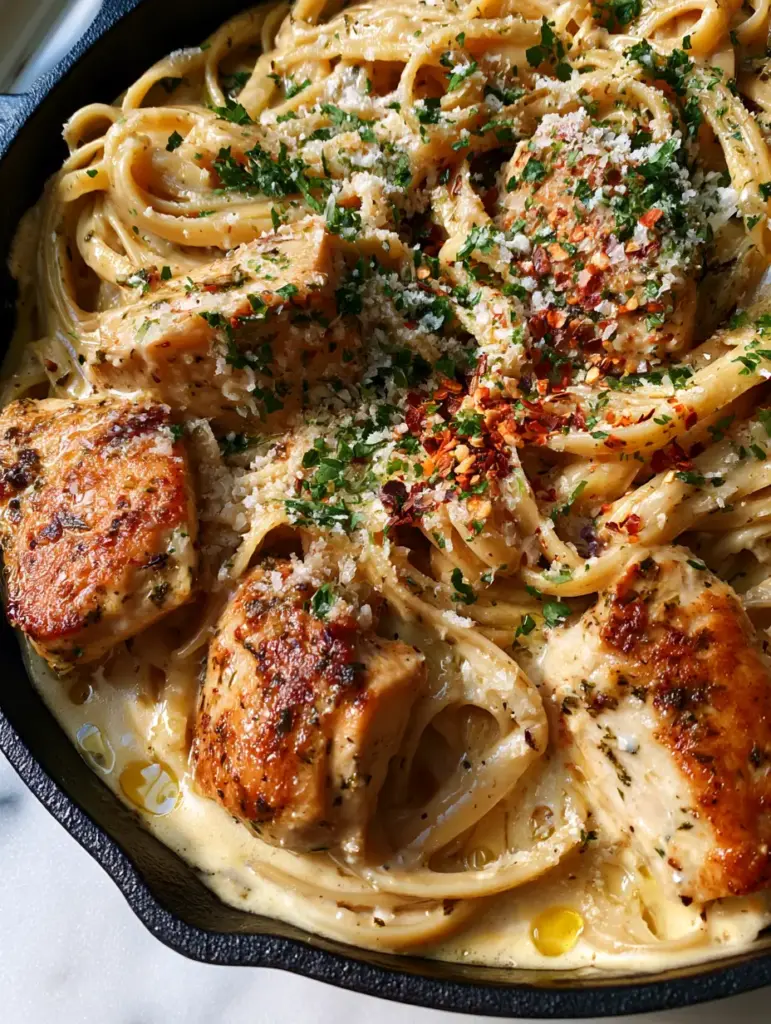 Garlic Butter Chicken Pasta Recipe: The Ultimate 30-Minute Skillet Dinner 2 Close up shot of golden-brown seared chicken nestled in a thick garlic butter cream sauce with fettuccine noodles. (Garlic Butter Chicken Pasta Recipe)