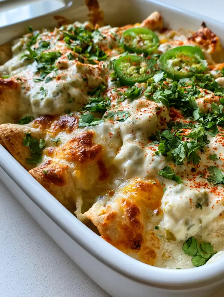 Cheesy Chicken Enchiladas Recipe with Creamy Sour Cream Sauce 2 Close-up smartphone photo of chicken enchiladas with bubbling Monterey Jack cheese and fresh jalapeños. (cheesy chicken enchiladas recipe)