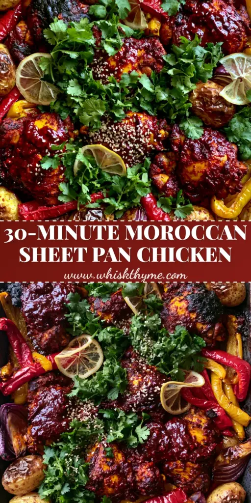 Moroccan Harissa Chicken: The Ultimate One-Pan Sheet Pan Dinner 3 Overhead shot of Moroccan Harissa Chicken on a dark sheet pan with charred skin, blistered baby potatoes, and red pepper strips.