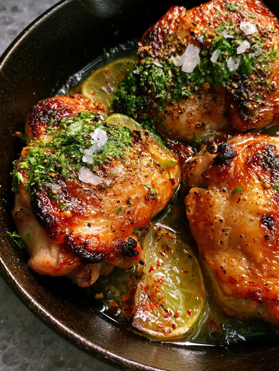 Cilantro Lime Chicken Thighs with Crispy Skin and Garlic Butter Glaze 4 Extreme close-up of golden-brown chicken skin with lime-butter glaze and sea salt flakes. (Cilantro Lime Chicken Thighs)