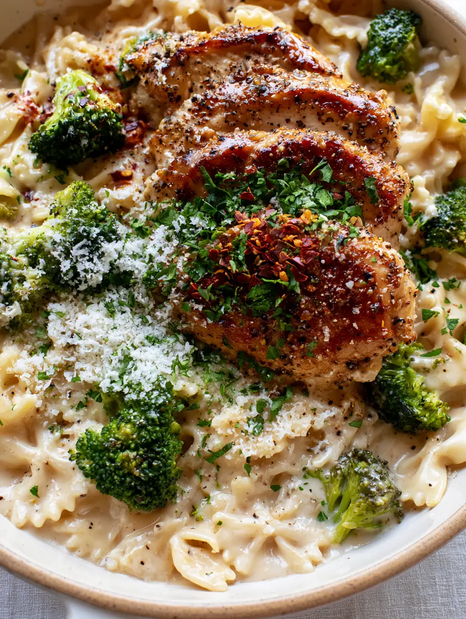 Creamy Chicken and Broccoli Bowties with Garlic Parmesan Sauce 3 Close-up of al dente farfalle pasta coated in ivory-white garlic sauce with seared chicken. (creamy chicken and broccoli bowties)