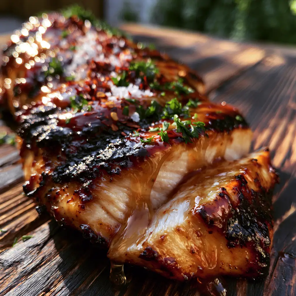Grilling Recipes: The Ultimate Honey Glazed Grilled Chicken 2 Close up of glistening amber chicken breast with red pepper flakes and parsley. (grilling recipes)