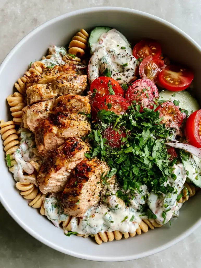 High Protein Pasta Salad with Chicken (Creamy & Herb-Loaded) 1 Close-up of chickpea rotini pasta salad with bright red cherry tomatoes and sliced cucumbers.