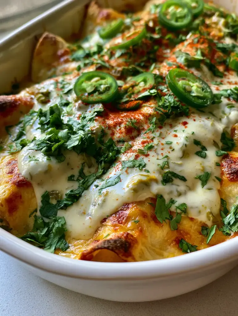 Cheesy Chicken Enchiladas Recipe with Creamy Sour Cream Sauce 1 High angle shot of a white ceramic baking dish filled with creamy white sauce enchiladas and toasted corn tortilla edges.