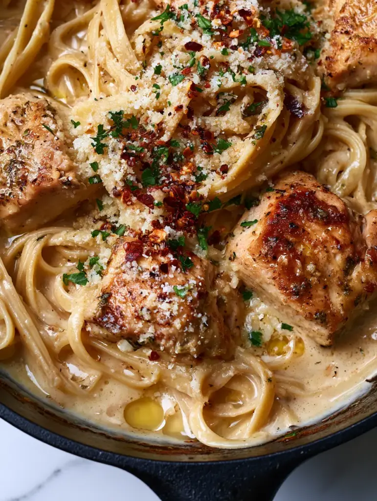 Garlic Butter Chicken Pasta Recipe: The Ultimate 30-Minute Skillet Dinner 1 Top-down view of Garlic Butter Chicken Pasta Recipe featuring melted parmesan shavings and red pepper flakes.