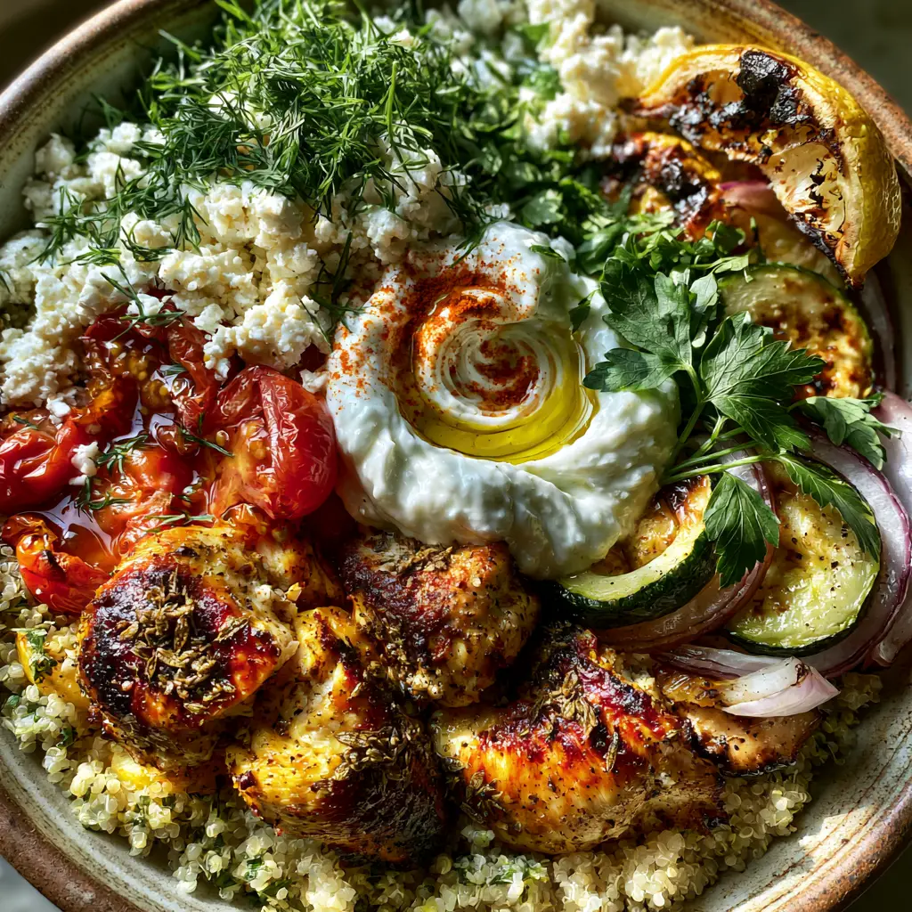 Greek foods Meal Prep: The Ultimate Charred Chicken & Lemon Quinoa Bowls 1 Top-down view of a ceramic bowl filled with lemon quinoa, charred zucchini, and a dollop of tzatziki.