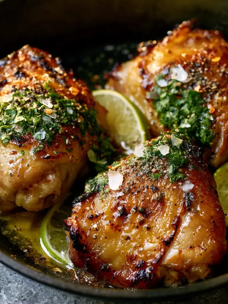 Cilantro Lime Chicken Thighs with Crispy Skin and Garlic Butter Glaze 1 Juicy chicken thighs basting in a lime-garlic butter sauce in a seasoned cast iron pan.