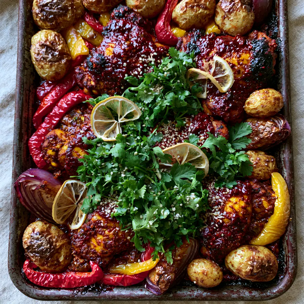 Moroccan Harissa Chicken: The Ultimate One-Pan Sheet Pan Dinner 2 Succulent Moroccan Harissa Chicken thighs glistening with red sauce surrounded by golden baby potatoes and cilantro.