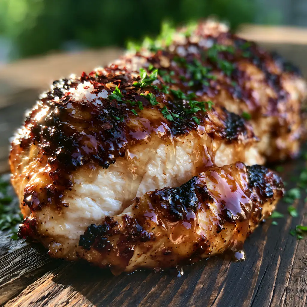 Grilling Recipes: The Ultimate Honey Glazed Grilled Chicken 1 Juicy grilled chicken slices on a rustic dark wood board with fresh parsley.