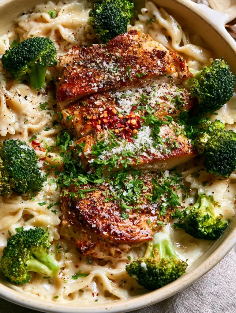 Creamy Chicken and Broccoli Bowties with Garlic Parmesan Sauce 1 Rustic ceramic skillet filled with creamy chicken and broccoli bowties topped with parsley and parmesan flakes.