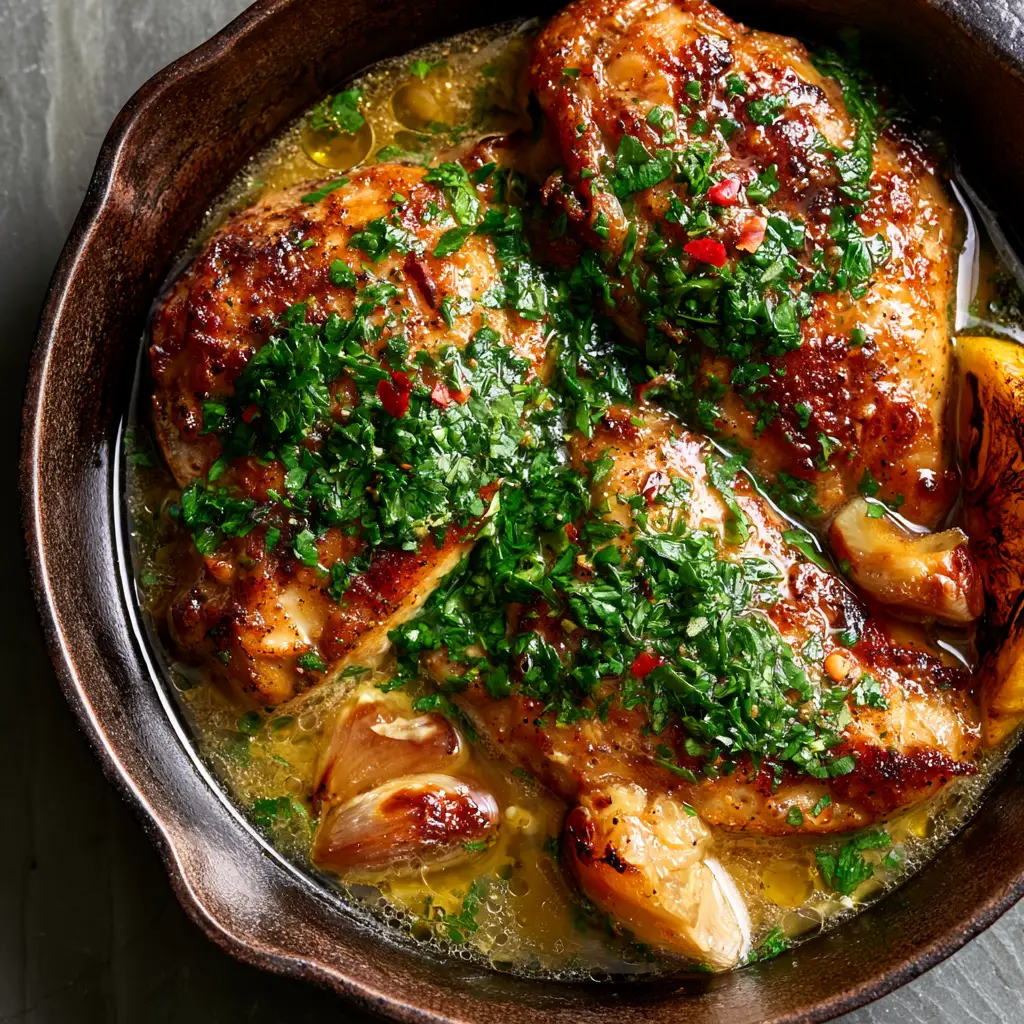 Wide shot of a rustic cast iron skillet containing garlic butter chicken dish, caramelized garlic cloves, and a charred lemon wedge.