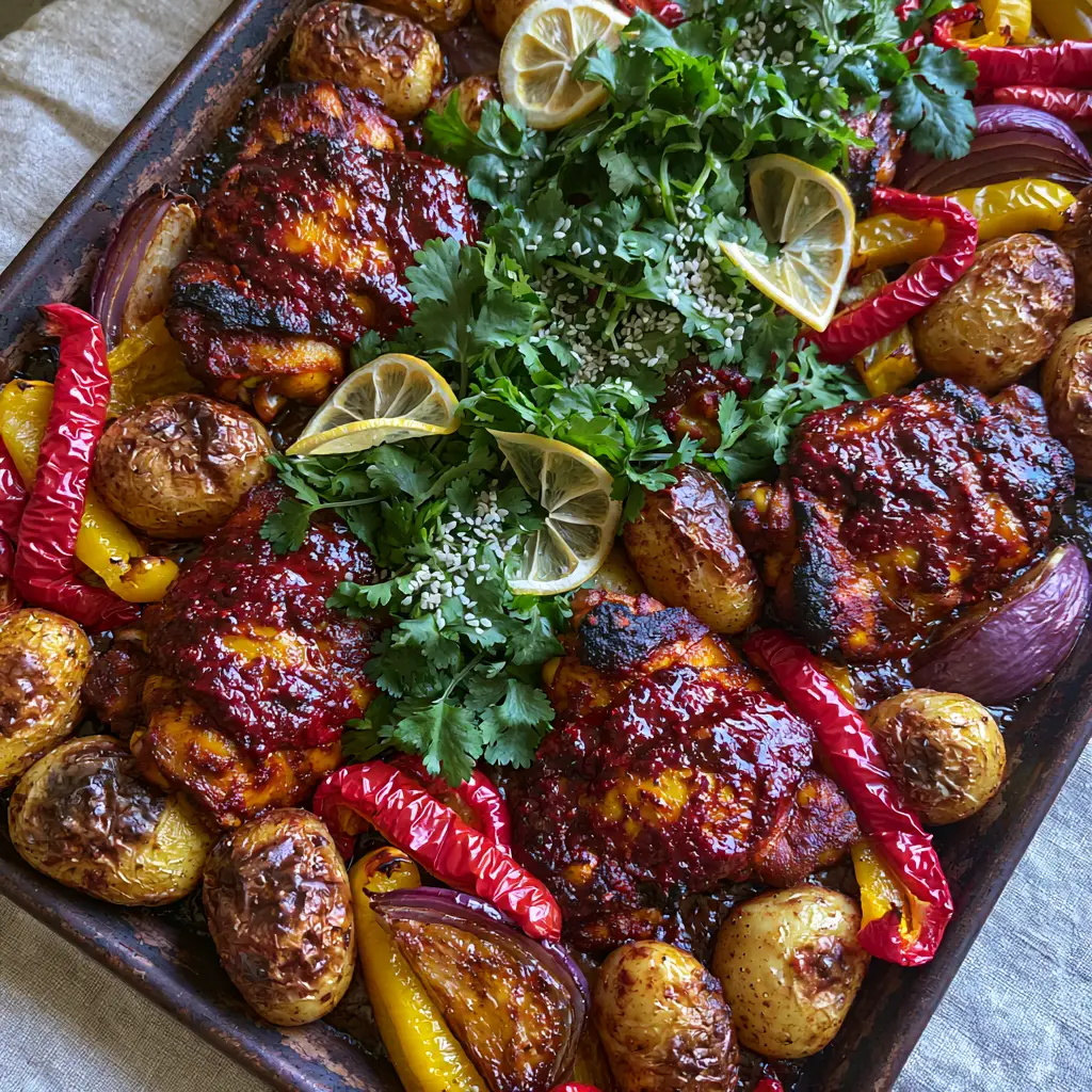 Moroccan Harissa Chicken: The Ultimate One-Pan Sheet Pan Dinner 1 Close up of charred Moroccan Harissa Chicken skin and roasted red and yellow bell pepper strips on a linen background.