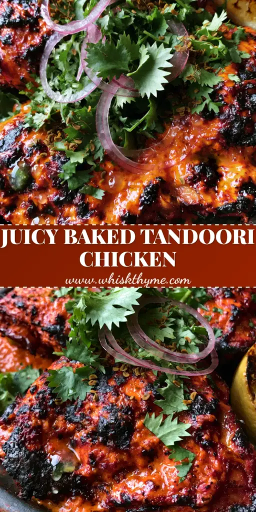 A close-up shot of Baked Tandoori Chicken thighs with vibrant red marinade and dark charred edges on a dark plate.
