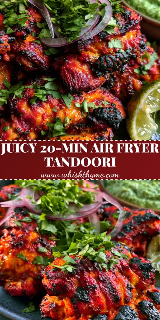 A vertical Pinterest pin showing succulent tandoori chicken with charred skin, fresh cilantro, and red onions on a dark ceramic plate.