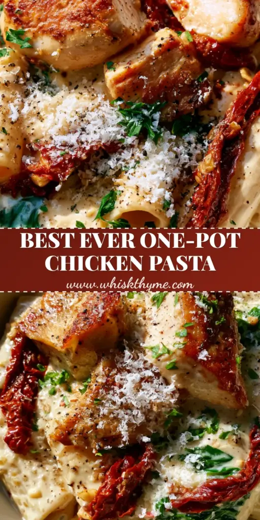 A top-down close-up of creamy chicken pasta with rigatoni, seared chicken breast, sun-dried tomatoes, and spinach in a matte-white bowl.