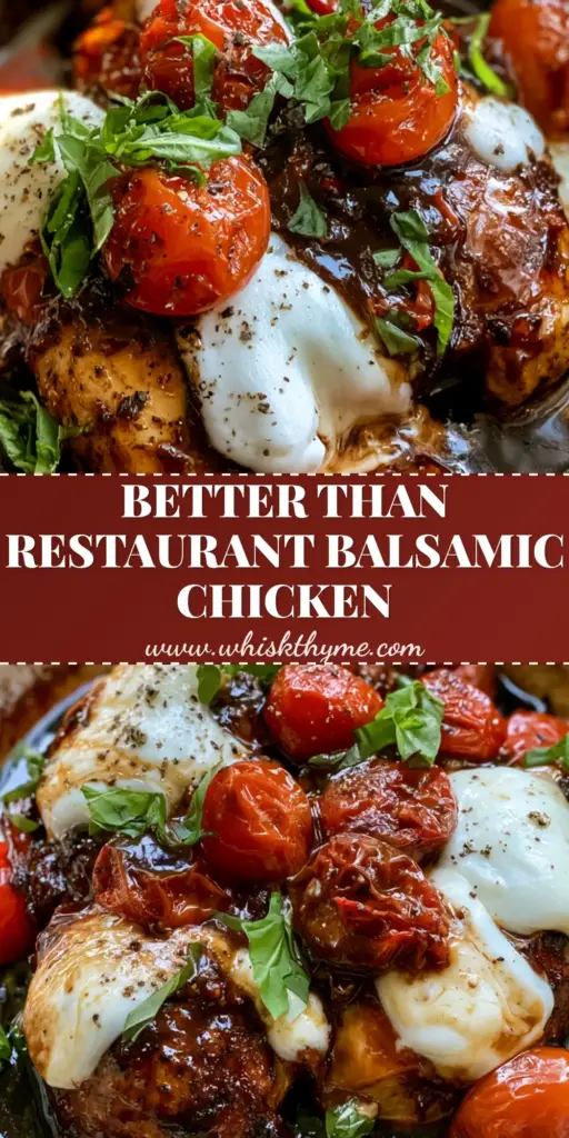 A rustic skillet featuring One Pan Balsamic Chicken with gooey mozzarella, mahogany glaze, and blistered tomatoes.