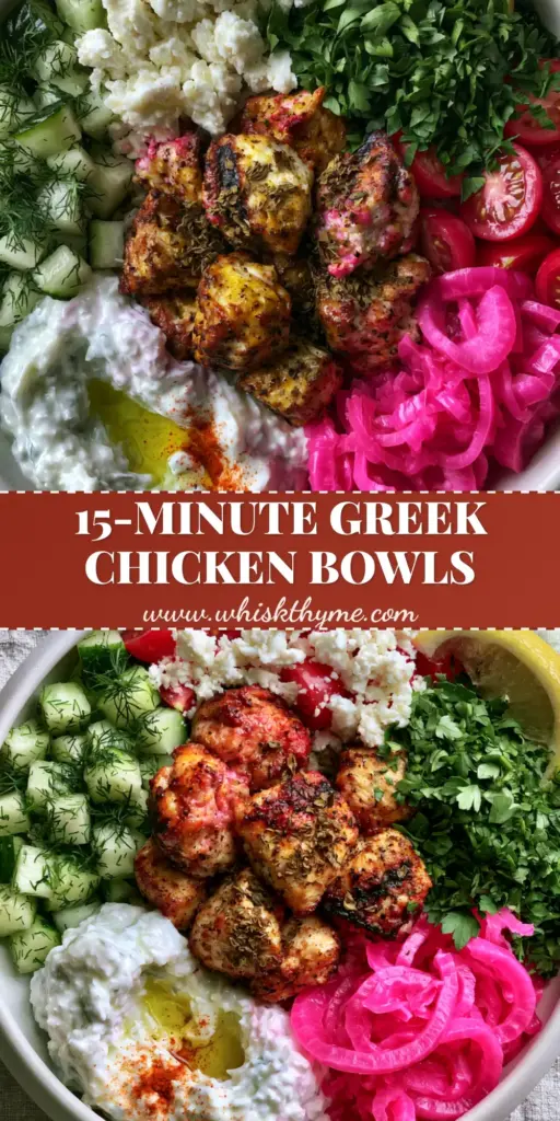 Greek chicken tzatziki bowls with Charred Oregano Chicken and Pickled Onions 3 A top-down view of Greek chicken tzatziki bowls featuring charred oregano chicken cubes, vibrant pickled onions, and a creamy dollop of tzatziki in a white ceramic bowl.