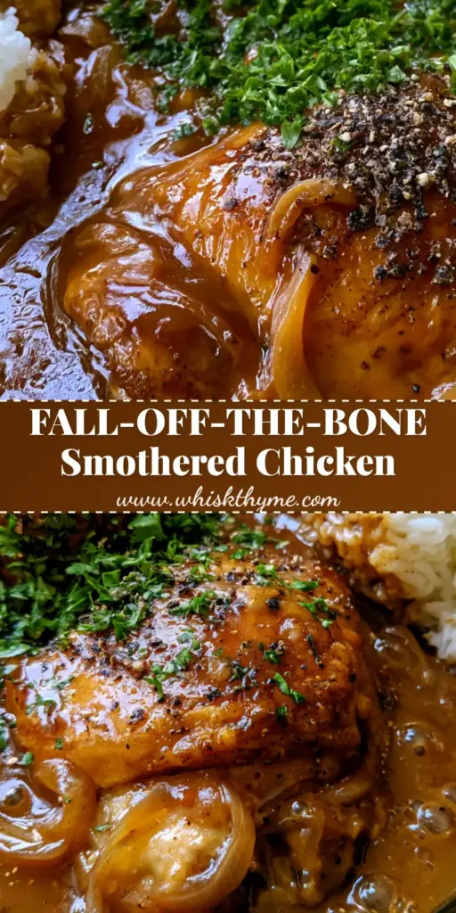 Southern Smothered Chicken With Rich Onion Gravy 3 A top-down view of Southern Smothered Chicken thighs in a cast iron skillet, topped with fresh parsley and cracked black pepper.