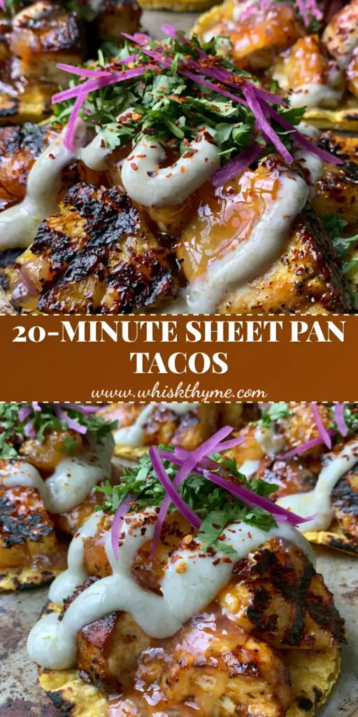 A rustic sheet pan holding three pineapple chicken tacos featuring glistening amber glazed chicken, charred pineapple with grill marks, and a thick lime crema drizzle.
