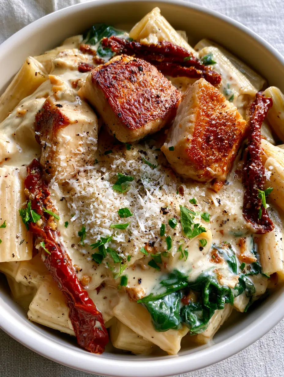 Extreme close-up of glossy garlic parmesan sauce coating rigatoni with seared chicken chunks and spinach. (creamy chicken pasta)