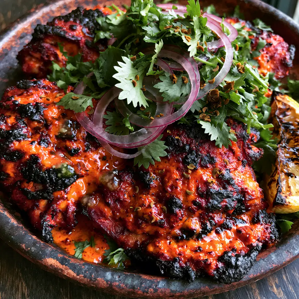 Juicy Baked Tandoori Chicken resting on a rustic ceramic platter with scorched lemon wedges.