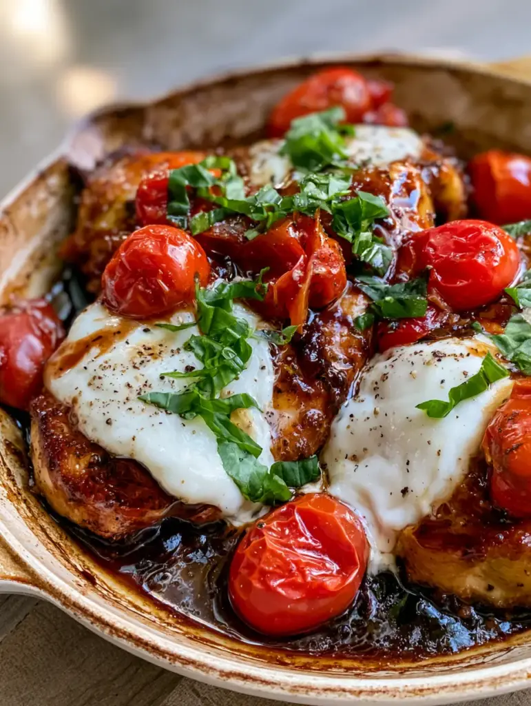 Close up of pan-seared chicken breast coated in dark balsamic glaze and topped with melted mozzarella pearls. (One Pan Balsamic Chicken)