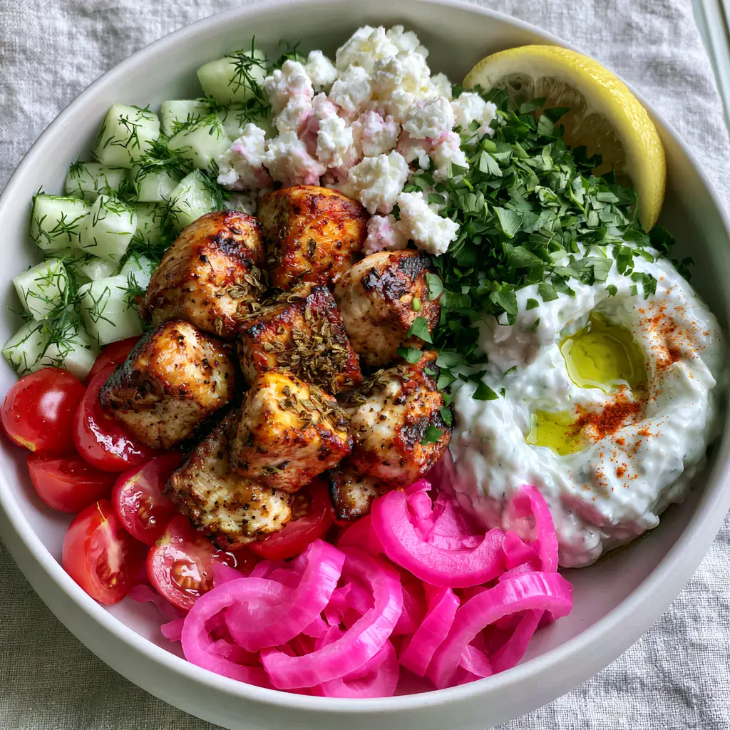 Greek chicken tzatziki bowls with Charred Oregano Chicken and Pickled Onions 2 Close up of seared golden-brown chicken breast cubes with charred grill marks for Greek chicken tzatziki bowls.