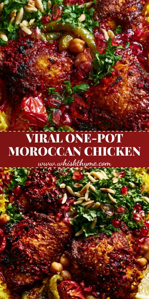 A top-down shot of a rustic ceramic skillet with Moroccan Chicken and Rice, featuring crispy harissa thighs, golden saffron rice, and vibrant pomegranate seeds.