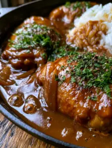 Macro shot of Southern Smothered Chicken skin seared golden brown with translucent onion slivers and rich brown gravy.