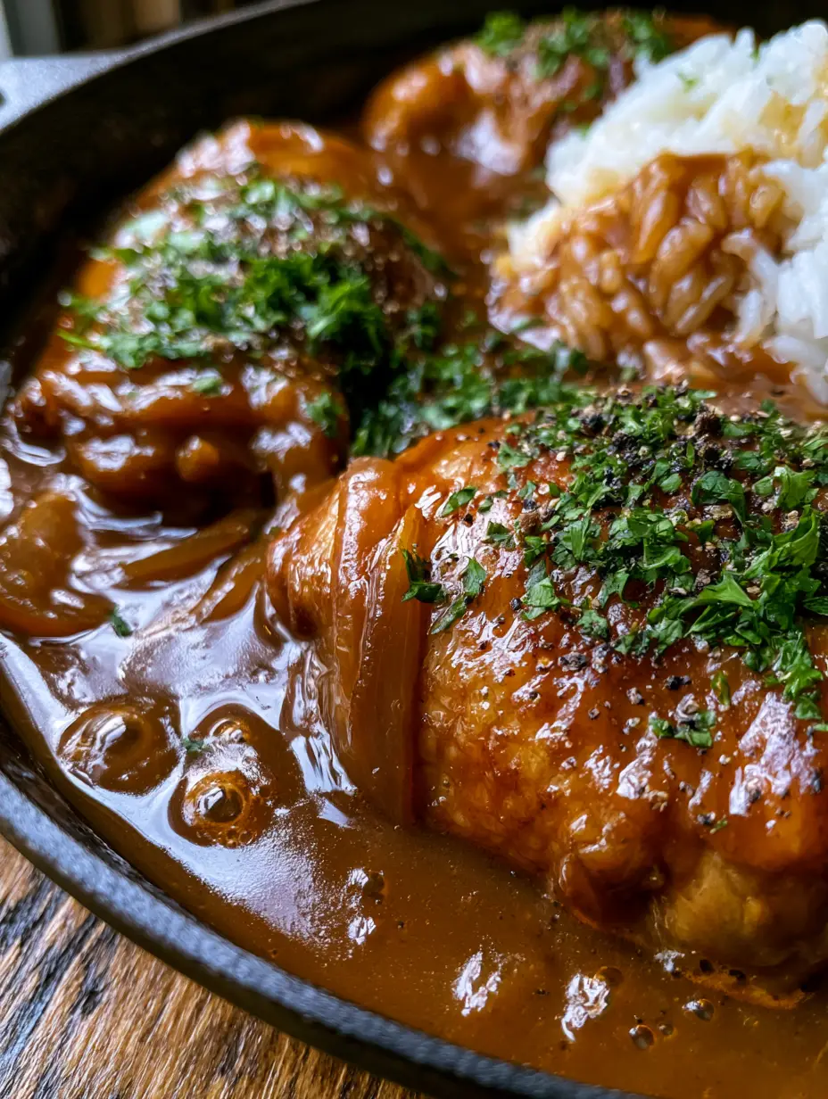 Southern Smothered Chicken With Rich Onion Gravy 4 Macro shot of Southern Smothered Chicken skin seared golden brown with translucent onion slivers and rich brown gravy.