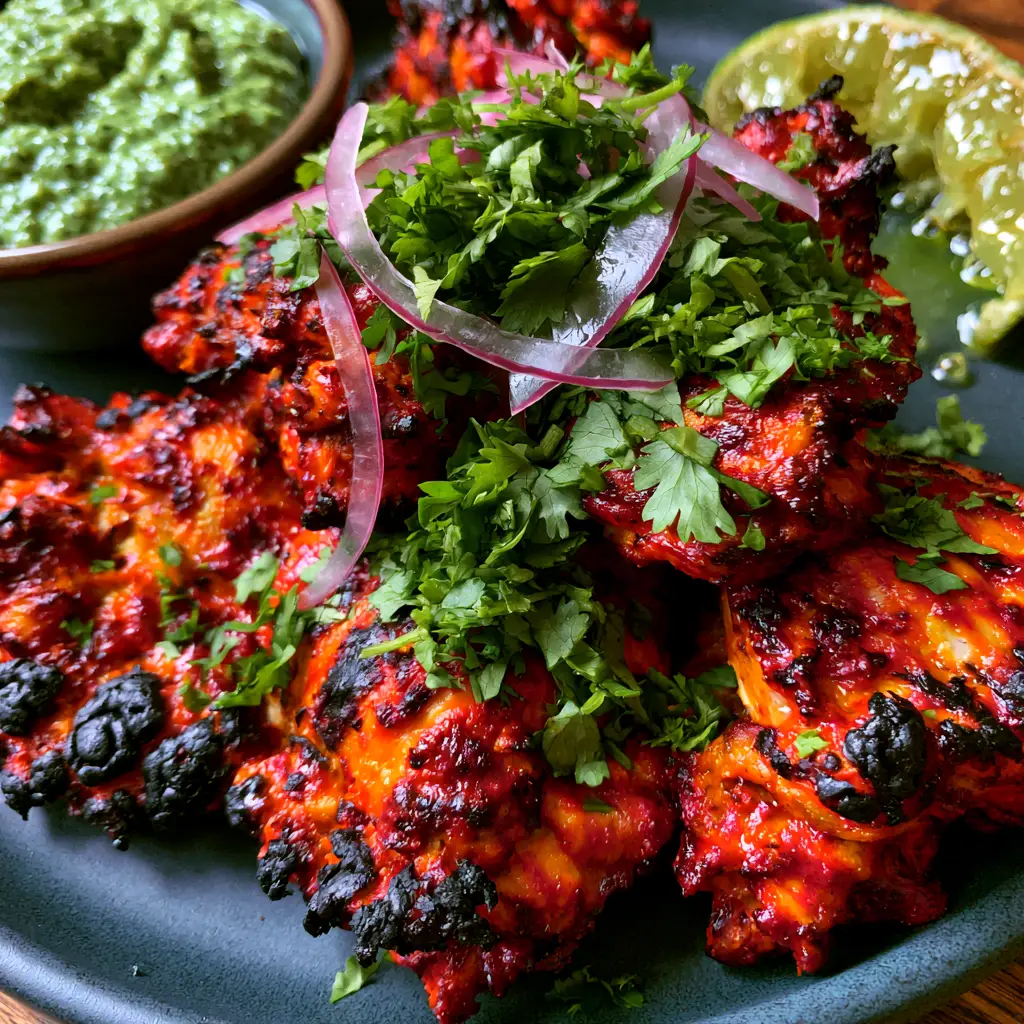 Tandoori chicken pieces garnished with translucent red onions and fresh cilantro next to a bowl of neon green mint chutney.